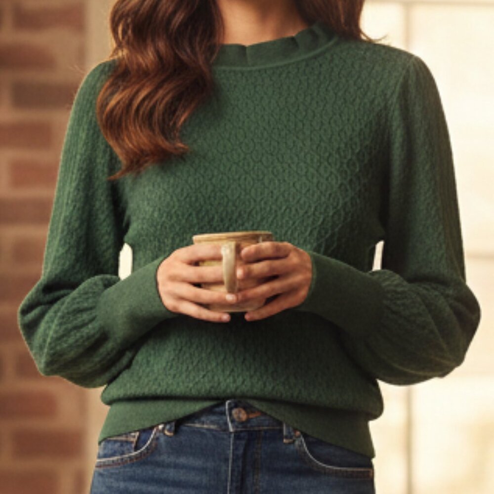 Pointelle Knit Treasure & Bond Green Mock Neck Balloon Sleeve Sweater Size M